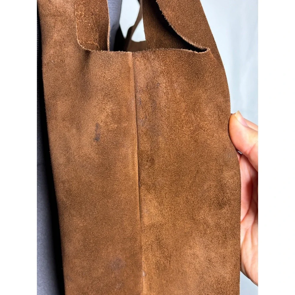 Brown Suede & Leather Tote Shoulder Bag Slouchy‎ Boho Two-Tone Snap STAINED